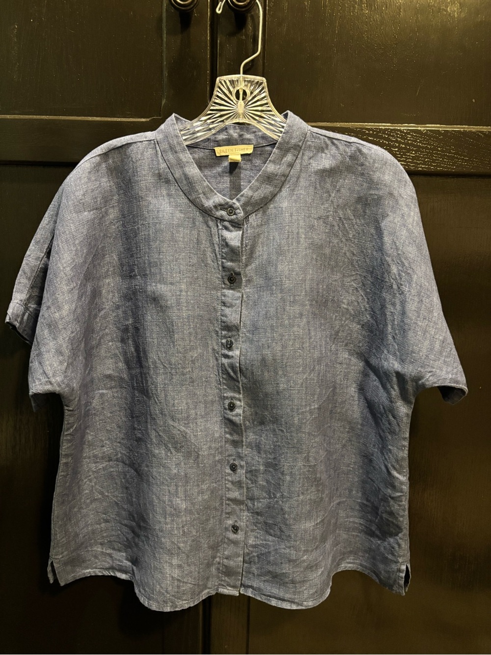 Eileen Fisher Blue Linen Short-Sleeve Button Blouse
